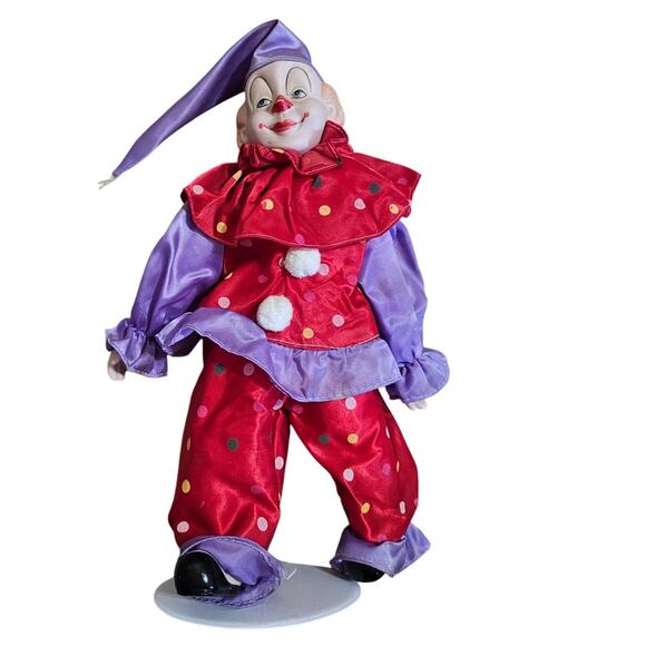 Vintage Porcelain Clown Doll Purple & Red Polka Dot Collectible Circus Figurine - Picture 2 of 9